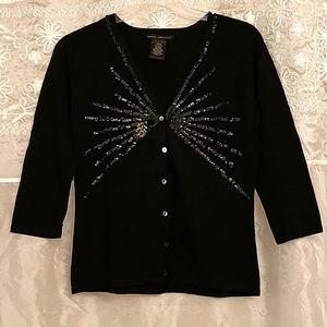 Sparkling Starburst Black Knit Cardigan, 3/4 Sleeve, Nacre Buttons